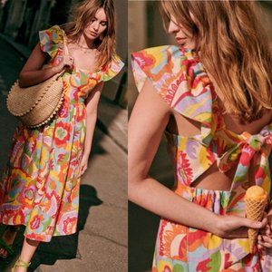 Sezane Melville Organic Linen Midi Dress Seventies Multicolor Print EU 4…